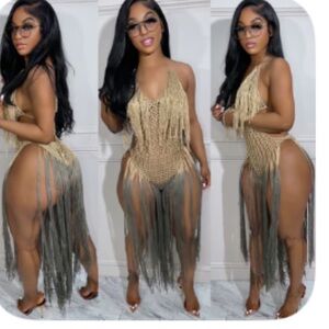 Fringe Crochet One-Piece Swimsuit Coverup in Gold